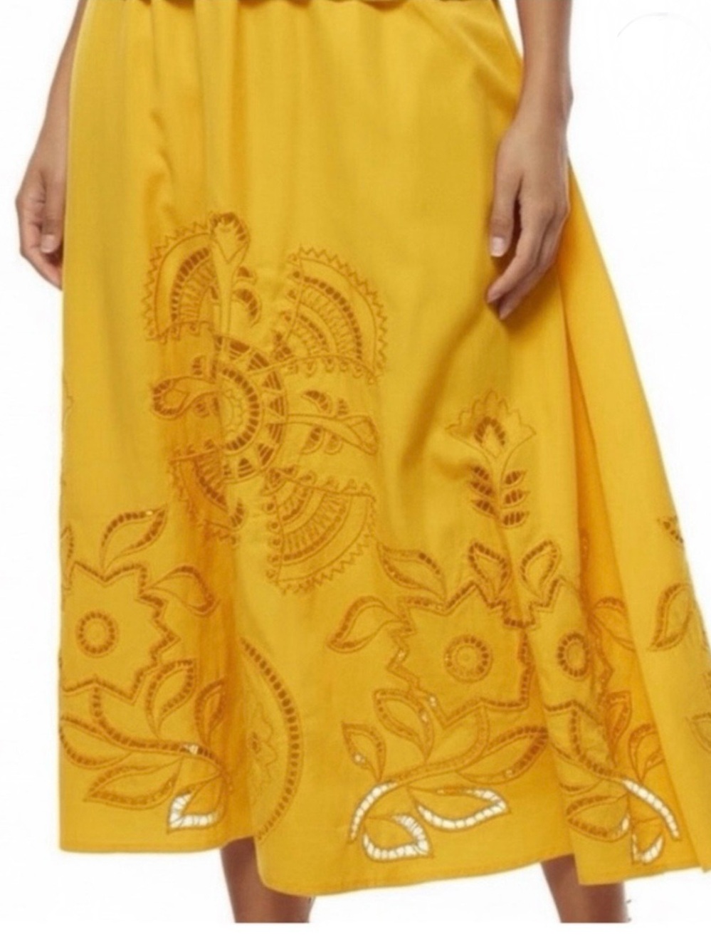 MISA Los Angeles Yellow Embroidered Eyelet Midi Skirt Size L